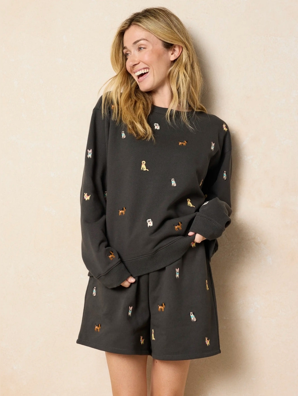 Natural Life Fave Little Things Embroidered Sweatshirt - Charcoal Dogs